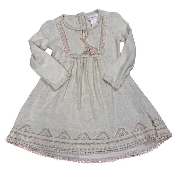Tommy Bahama Other - Tommy Bahama Toddler Boho Linen Blend Dress Tassel Neck Embroidered Hem Size 3T